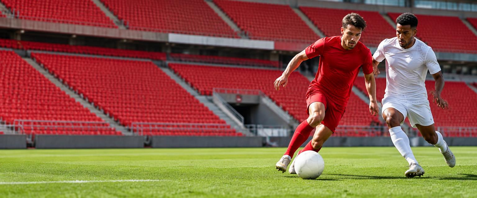 Football players competing in red and white kits